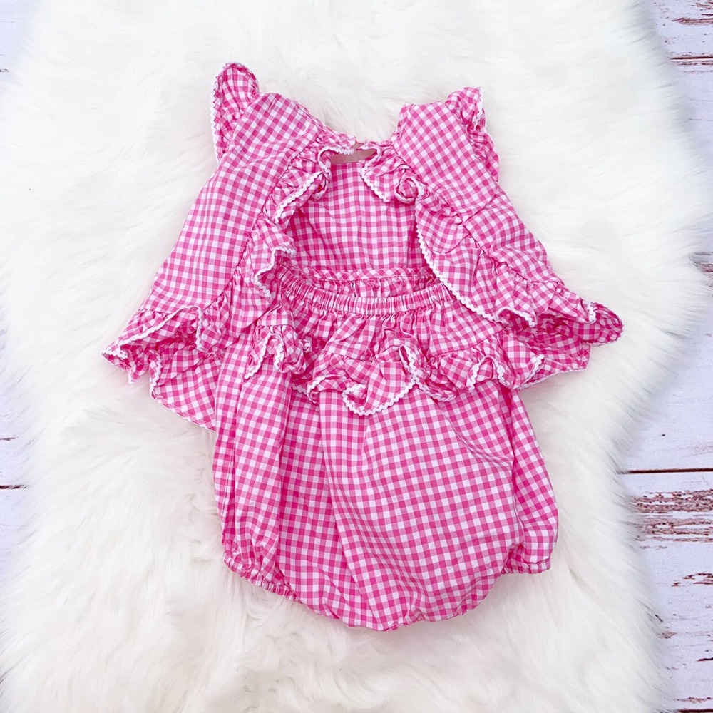 Ralph Lauren Pink Gingham Apron Bubble Romper | 6M - Picture 3 of 6